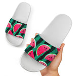 Green Striped Watermelon Pattern Print White Slide Sandals
