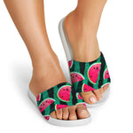 Green Striped Watermelon Pattern Print White Slide Sandals