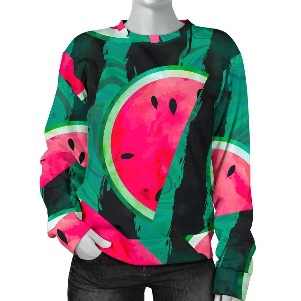 Green Striped Watermelon Pattern Print Women's Crewneck Sweatshirt GearFrost