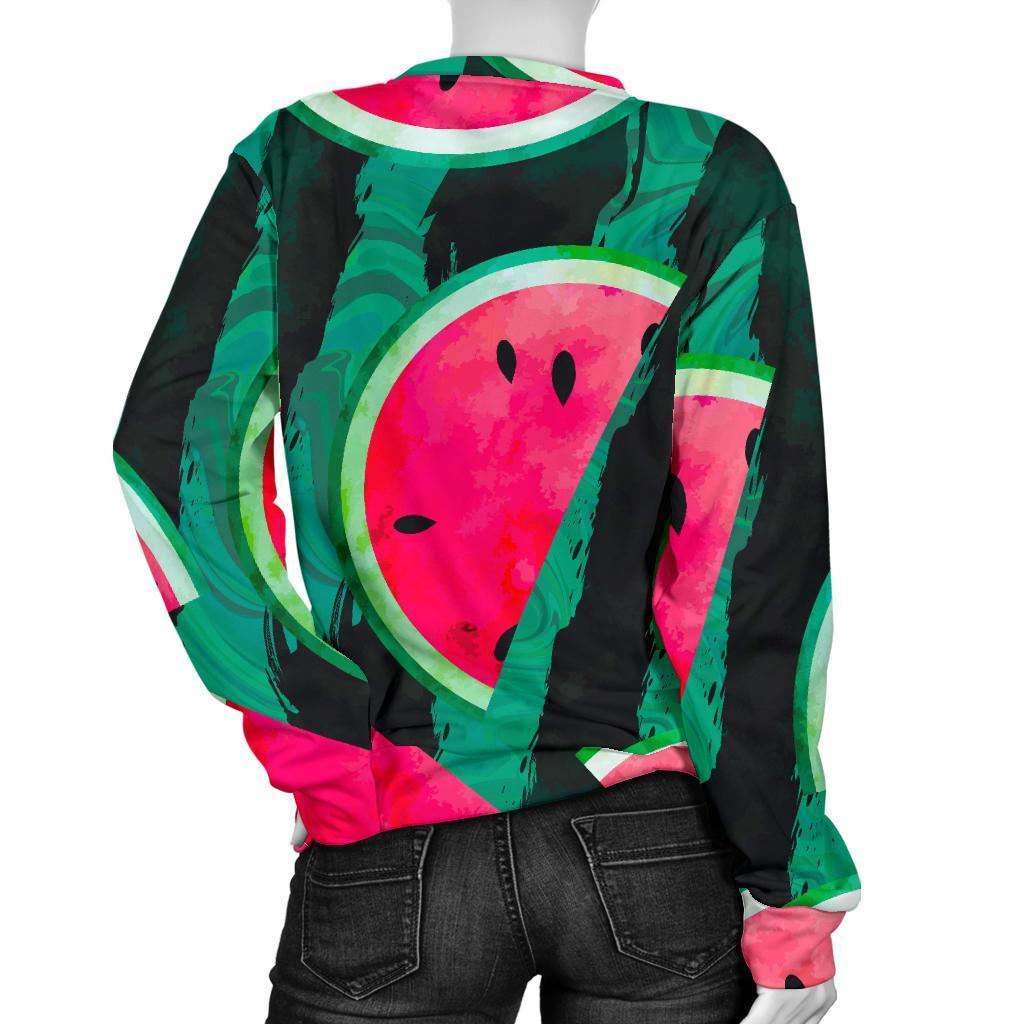 Green Striped Watermelon Pattern Print Women's Crewneck Sweatshirt GearFrost