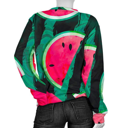 Green Striped Watermelon Pattern Print Women's Crewneck Sweatshirt GearFrost