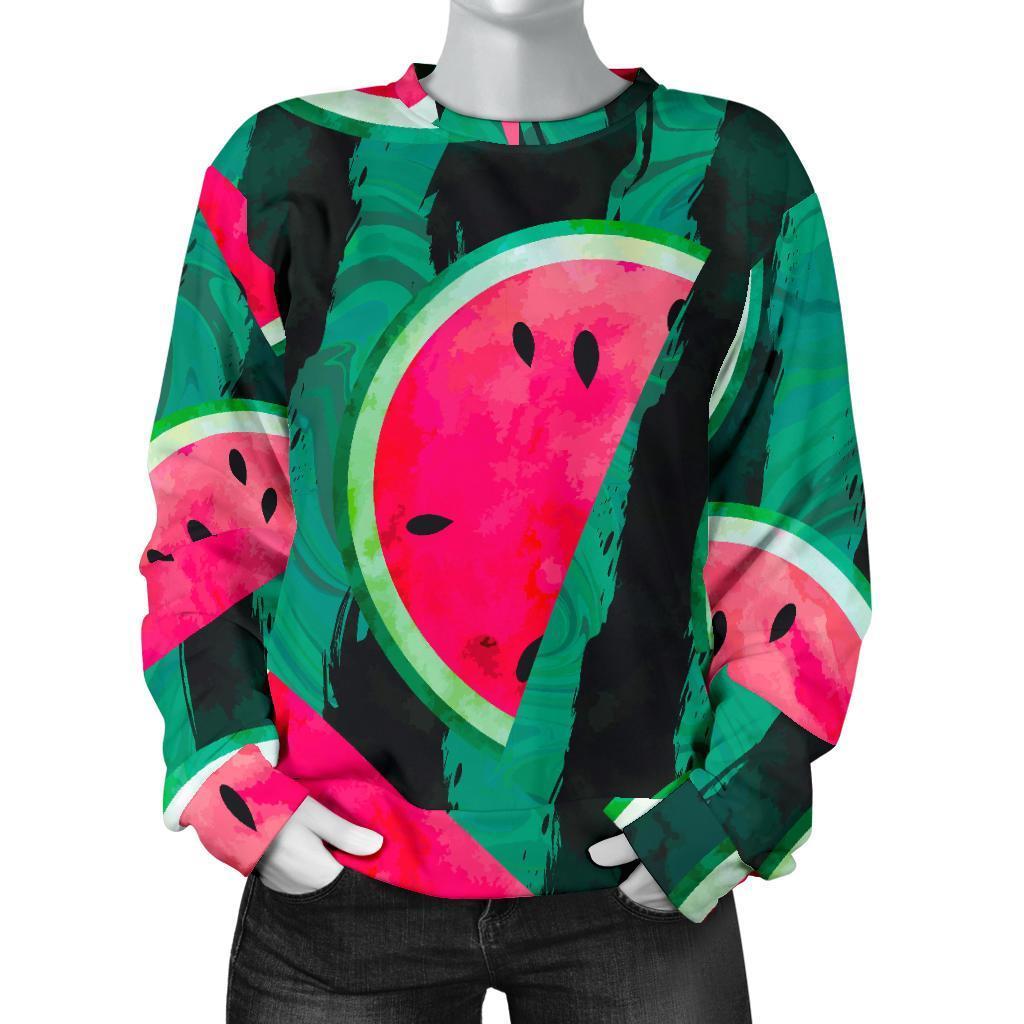 Green Striped Watermelon Pattern Print Women's Crewneck Sweatshirt GearFrost