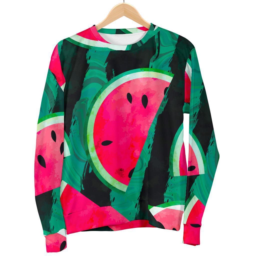 Green Striped Watermelon Pattern Print Women's Crewneck Sweatshirt GearFrost