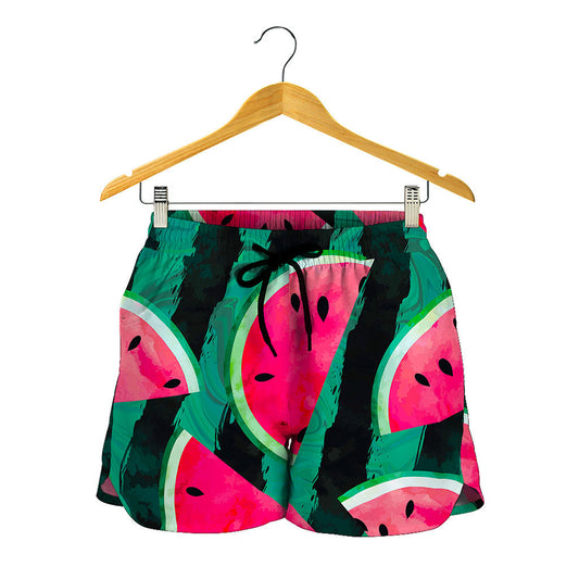 Green Striped Watermelon Pattern Print Women's Shorts