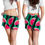 Green Striped Watermelon Pattern Print Women's Shorts