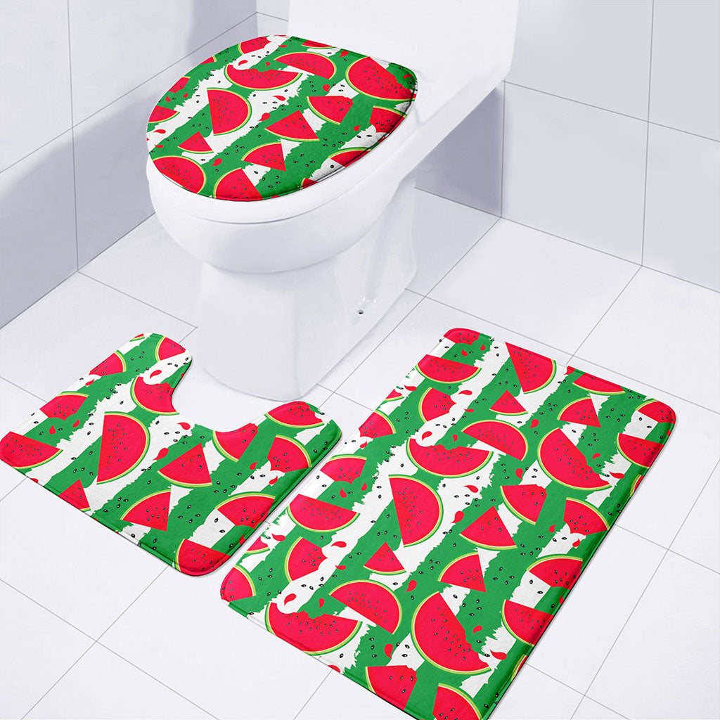 Green Stripes Watermelon Pattern Print 3 Piece Bath Mat Set