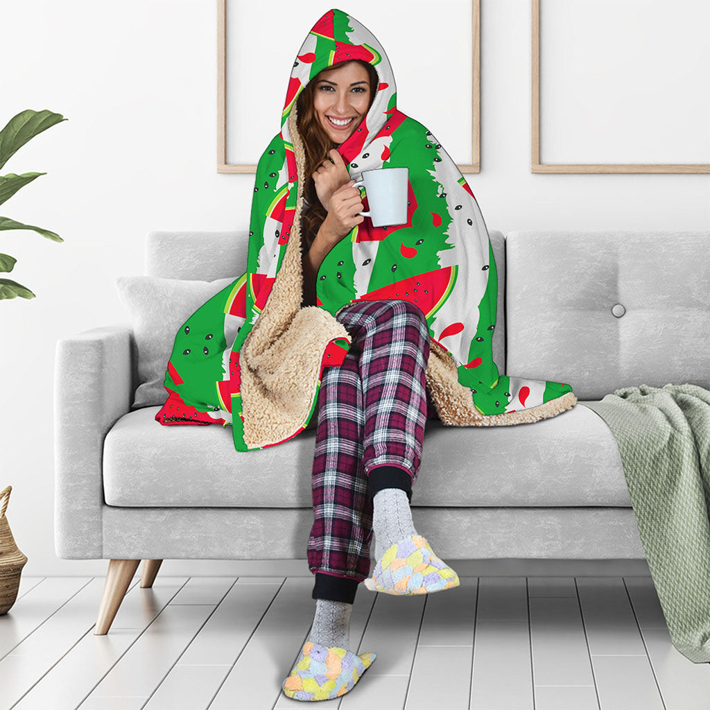 Green Stripes Watermelon Pattern Print Hooded Blanket