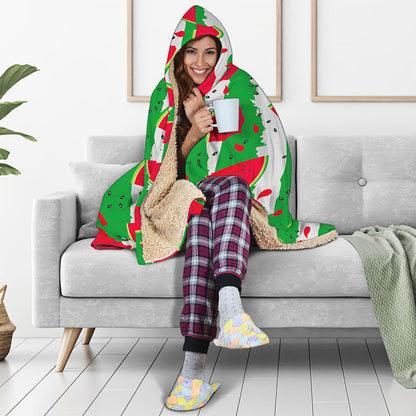 Green Stripes Watermelon Pattern Print Hooded Blanket