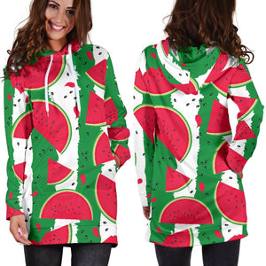 Green Stripes Watermelon Pattern Print Hoodie Dress GearFrost