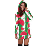 Green Stripes Watermelon Pattern Print Hoodie Dress GearFrost