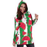 Green Stripes Watermelon Pattern Print Hoodie Dress GearFrost