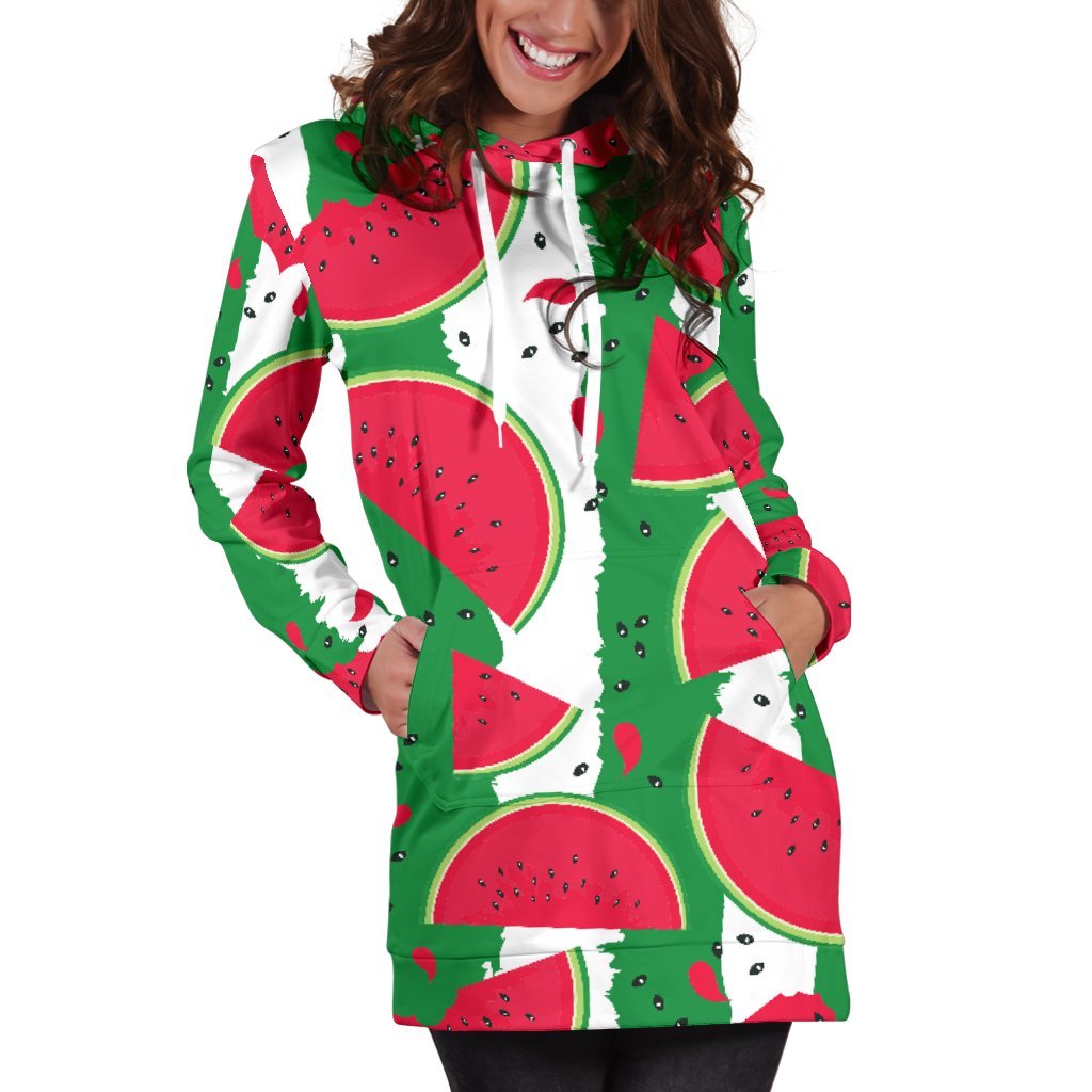 Green Stripes Watermelon Pattern Print Hoodie Dress GearFrost