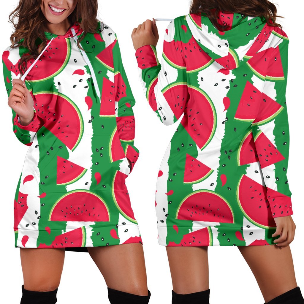 Green Stripes Watermelon Pattern Print Hoodie Dress GearFrost