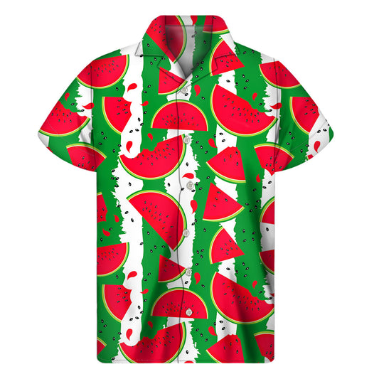 Green Stripes Watermelon Pattern Print Men's Short Sleeve Shirt