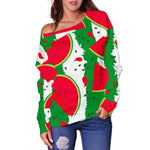 Green Stripes Watermelon Pattern Print Off Shoulder Sweatshirt GearFrost