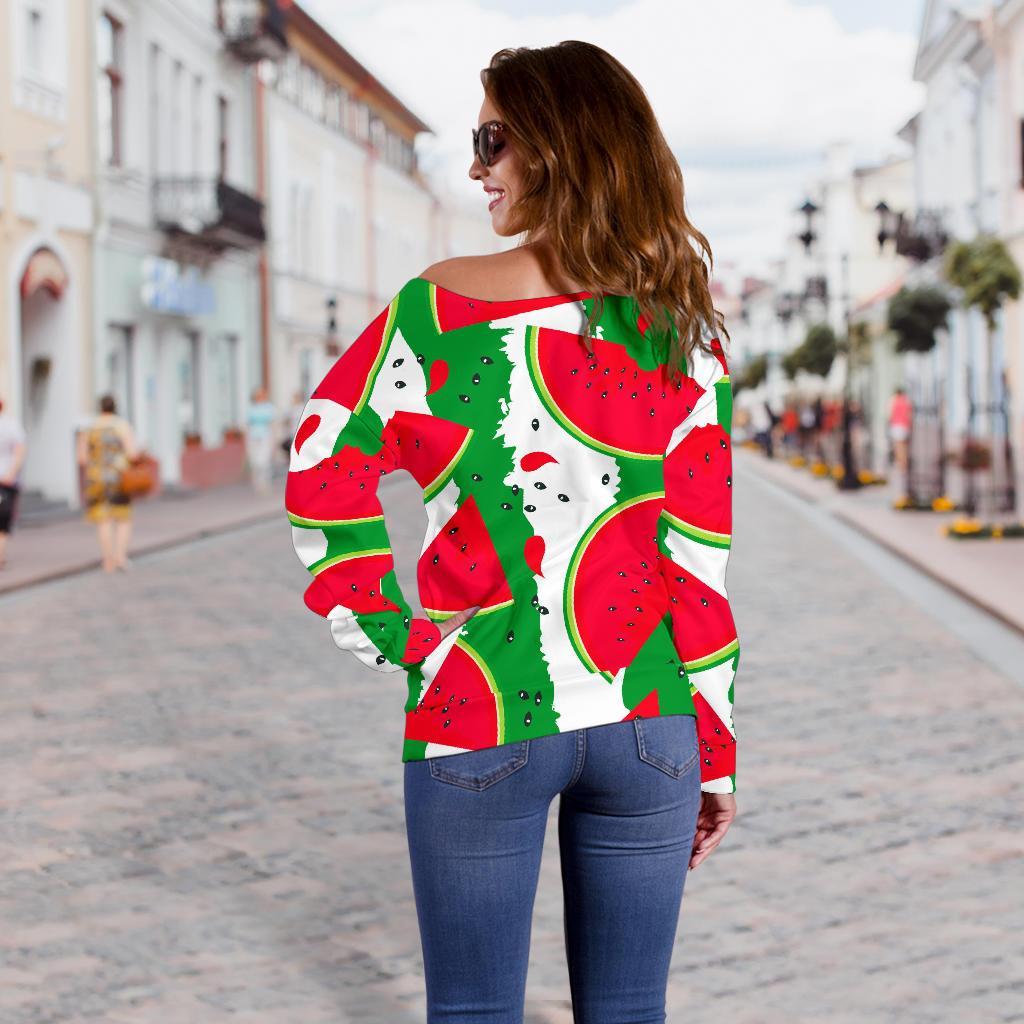 Green Stripes Watermelon Pattern Print Off Shoulder Sweatshirt GearFrost