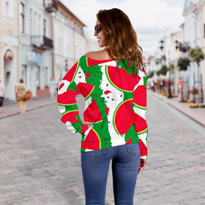 Green Stripes Watermelon Pattern Print Off Shoulder Sweatshirt GearFrost