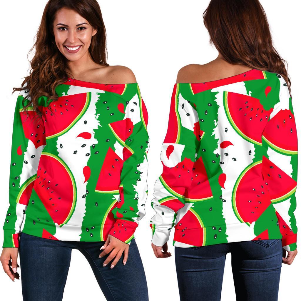 Green Stripes Watermelon Pattern Print Off Shoulder Sweatshirt GearFrost