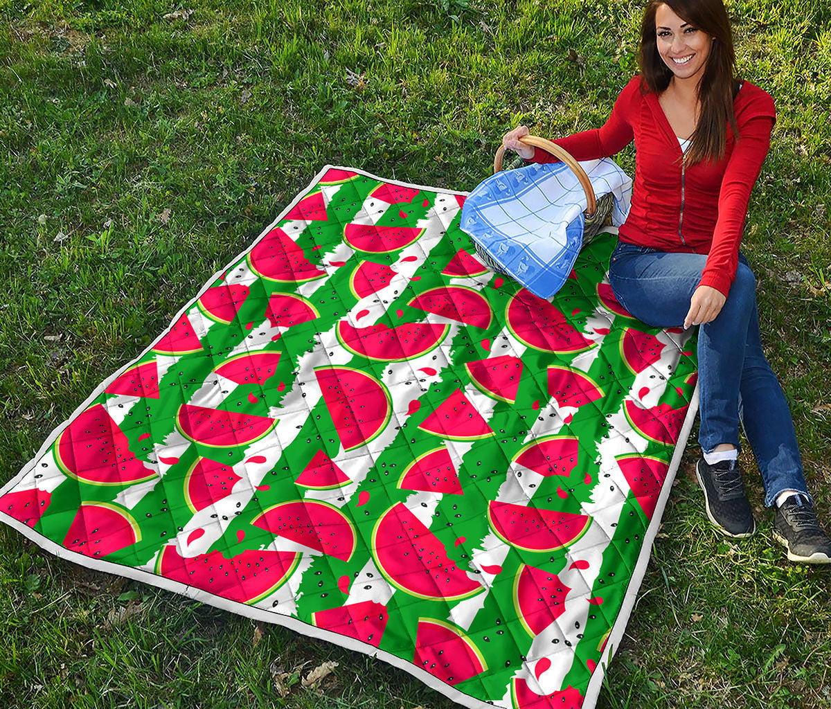 Green Stripes Watermelon Pattern Print Quilt