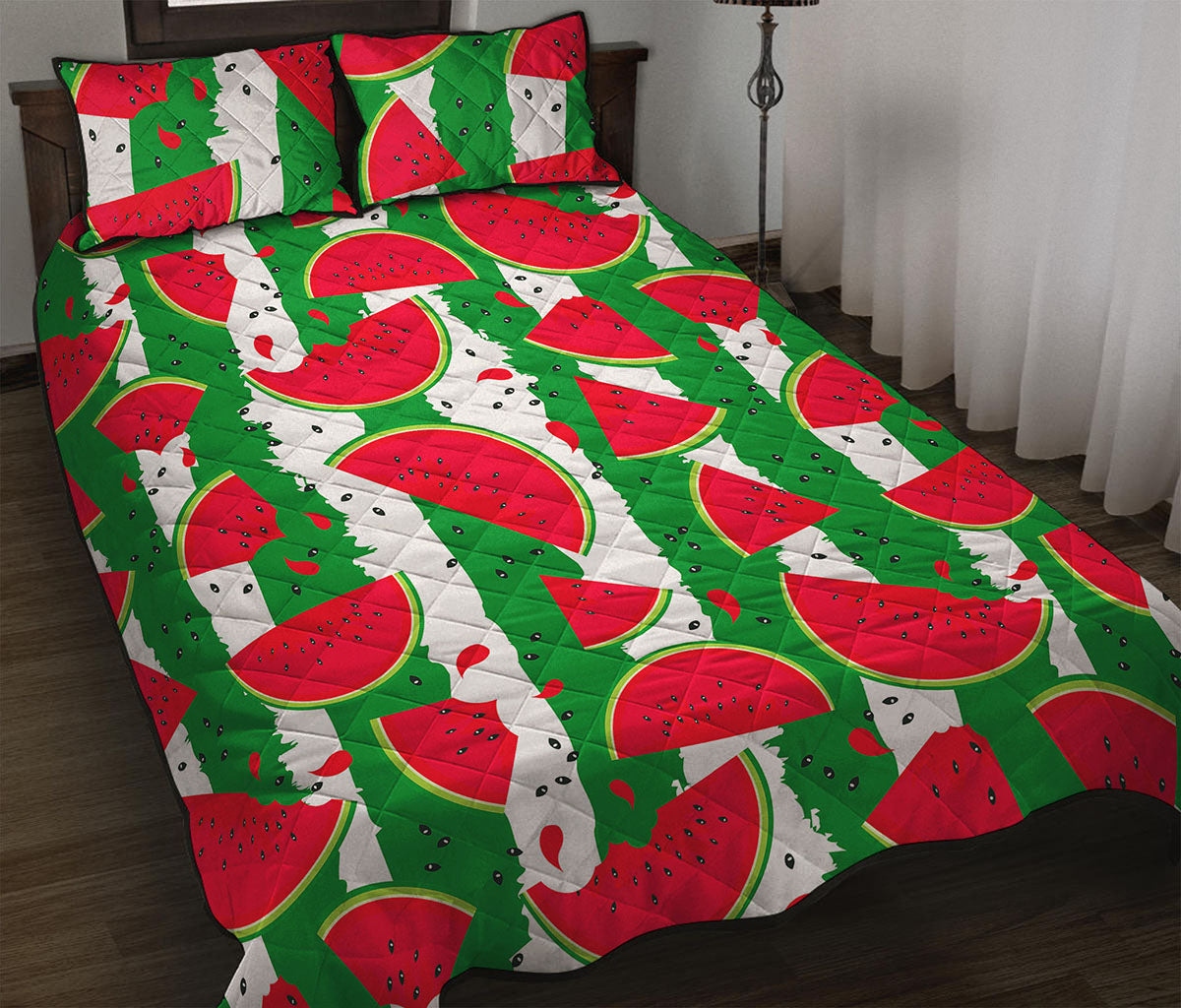 Green Stripes Watermelon Pattern Print Quilt Bed Set
