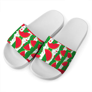 Green Stripes Watermelon Pattern Print White Slide Sandals