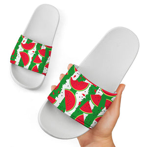 Green Stripes Watermelon Pattern Print White Slide Sandals