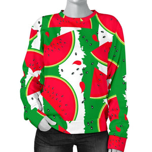 Green Stripes Watermelon Pattern Print Women's Crewneck Sweatshirt GearFrost