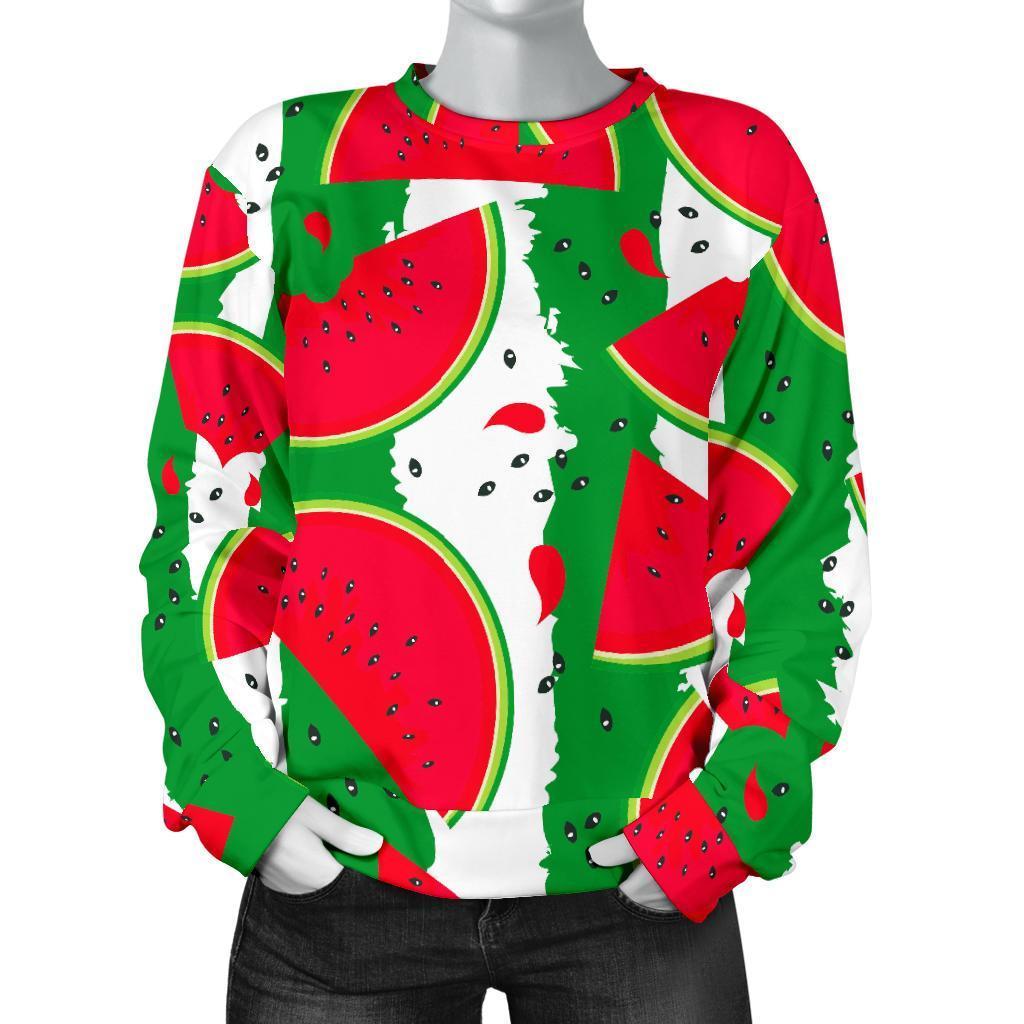 Green Stripes Watermelon Pattern Print Women's Crewneck Sweatshirt GearFrost