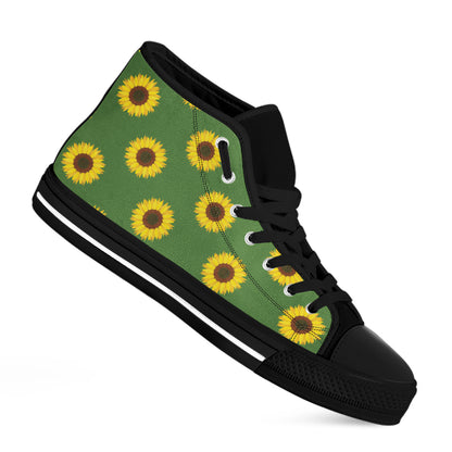Green Sunflower Pattern Print Black High Top Shoes