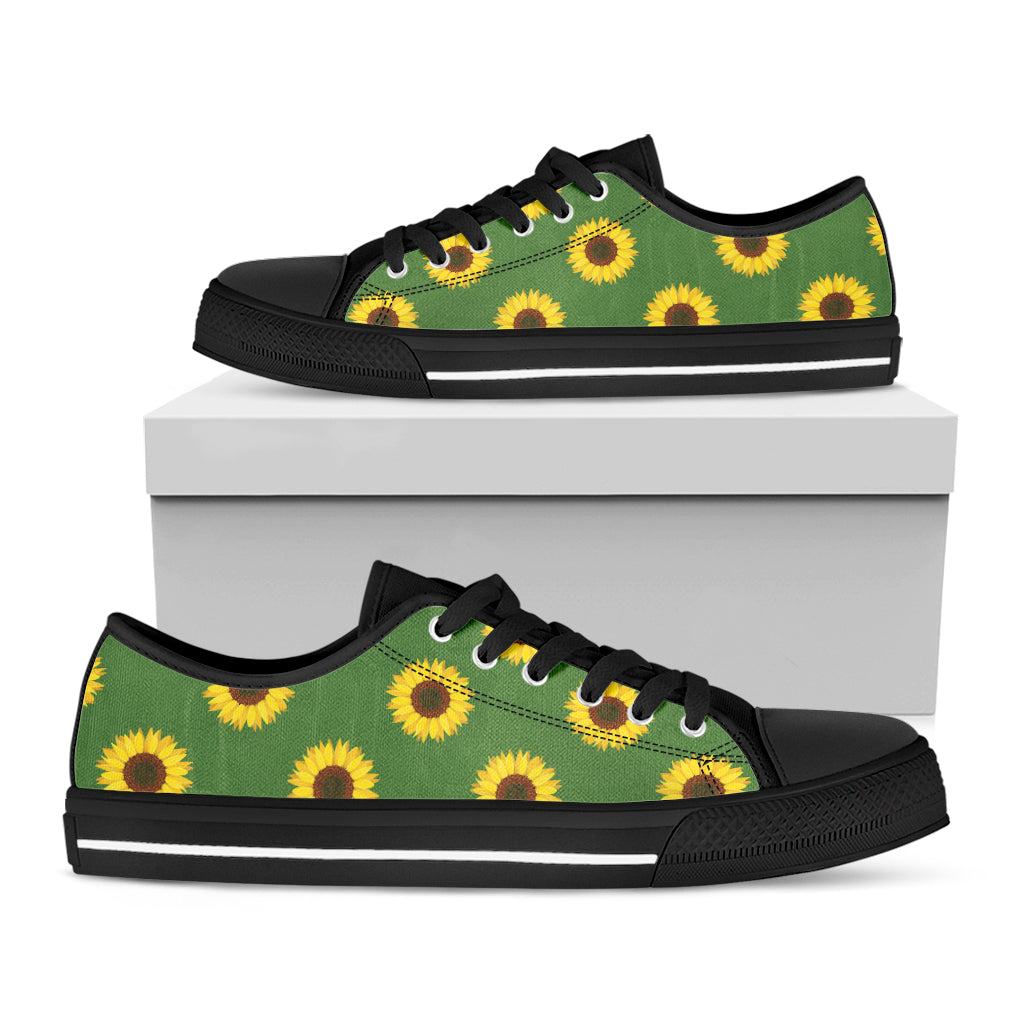 Green Sunflower Pattern Print Black Low Top Shoes