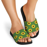 Green Sunflower Pattern Print Black Slide Sandals