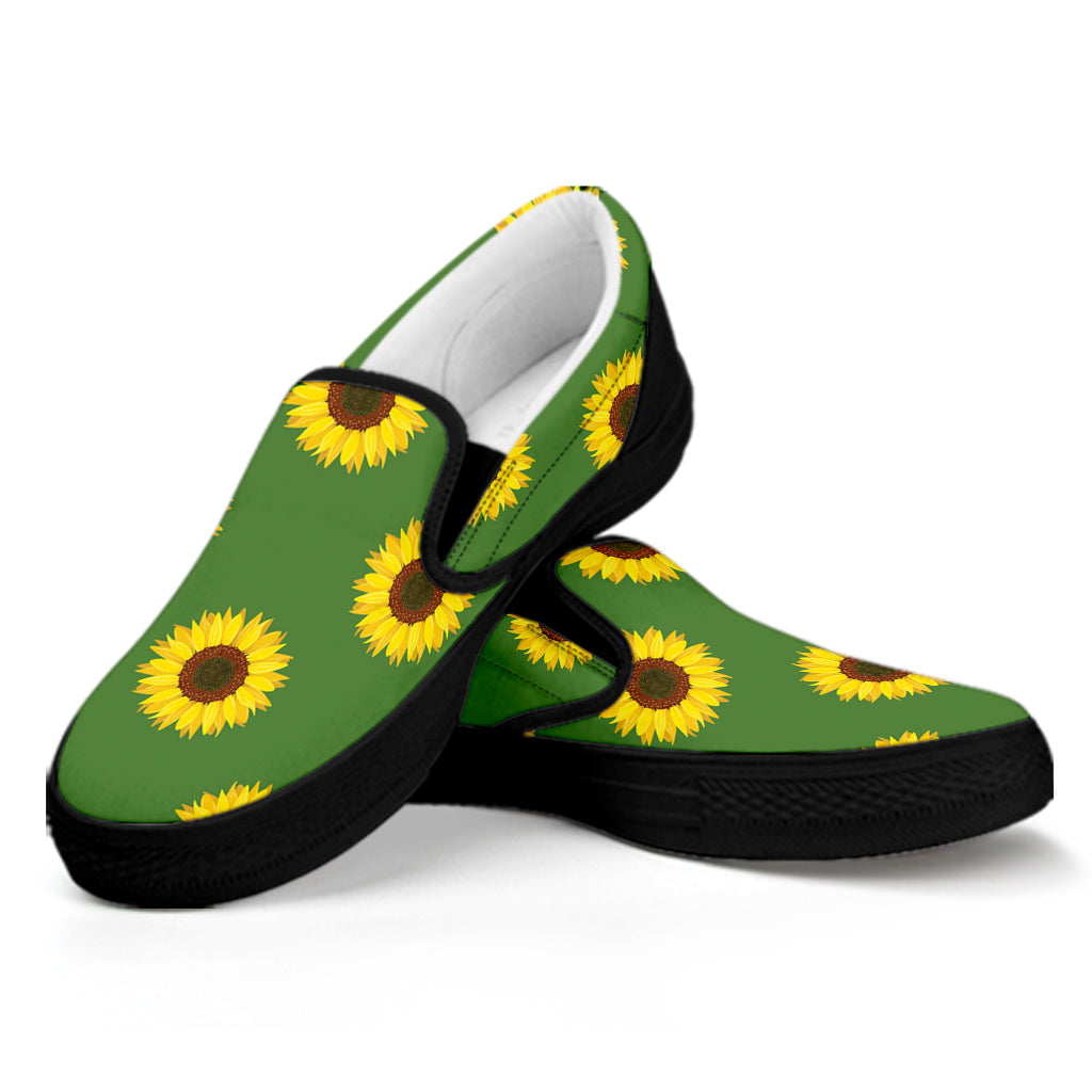 Green Sunflower Pattern Print Black Slip On Shoes