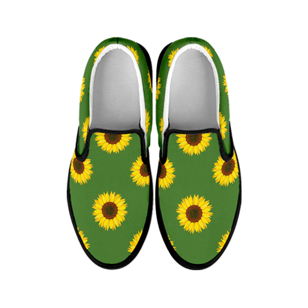 Green Sunflower Pattern Print Black Slip On Shoes
