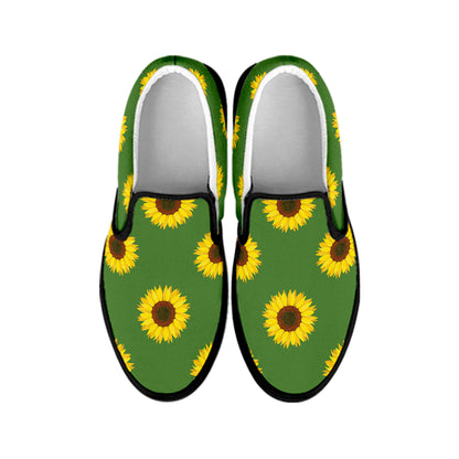 Green Sunflower Pattern Print Black Slip On Shoes
