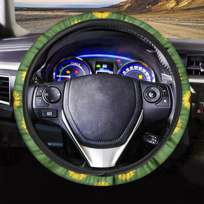 Green Sunflower Pattern Print Car Steering Wheel Cover