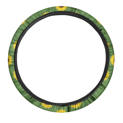 Green Sunflower Pattern Print Car Steering Wheel Cover
