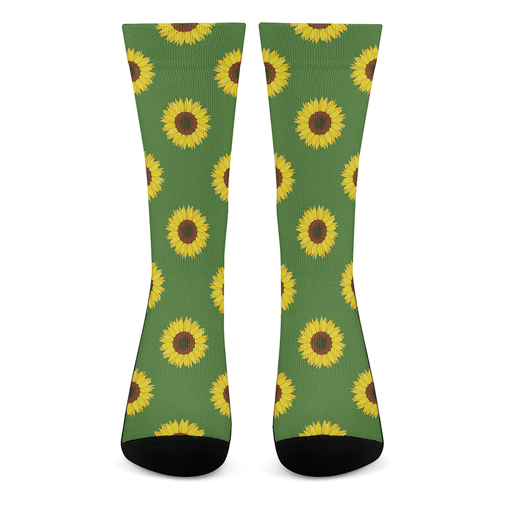 Green Sunflower Pattern Print Crew Socks
