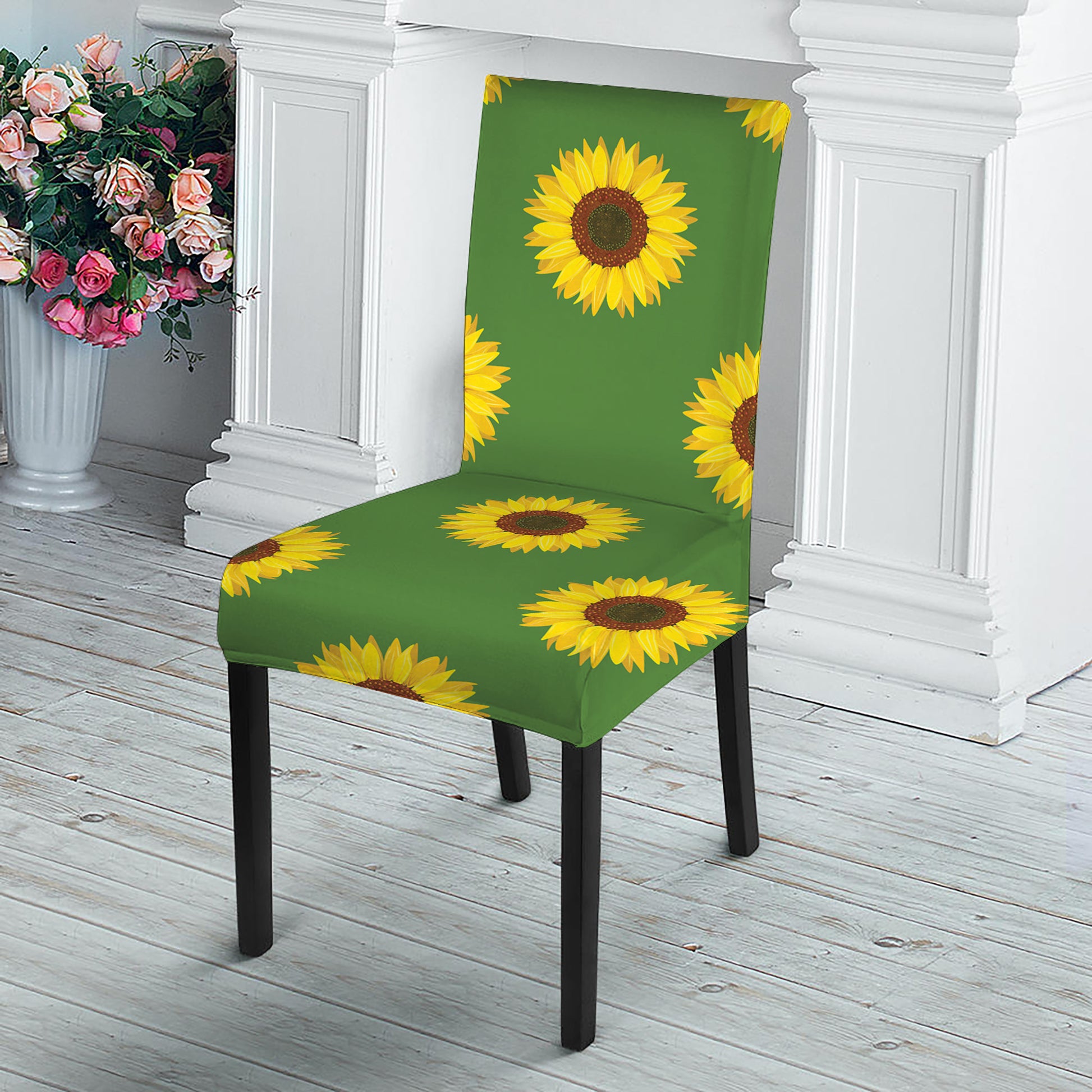 Green Sunflower Pattern Print Dining Chair Slipcover