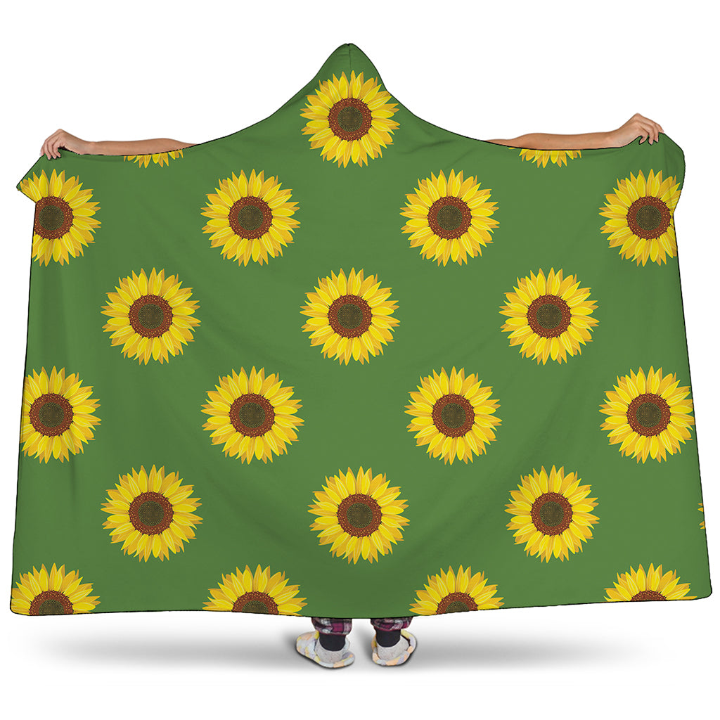 Green Sunflower Pattern Print Hooded Blanket