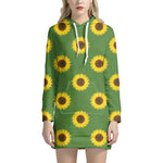 Green Sunflower Pattern Print Hoodie Dress