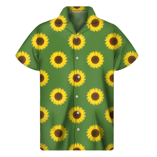 Green Sunflower Pattern Print Men's Short Sleeve Shirt