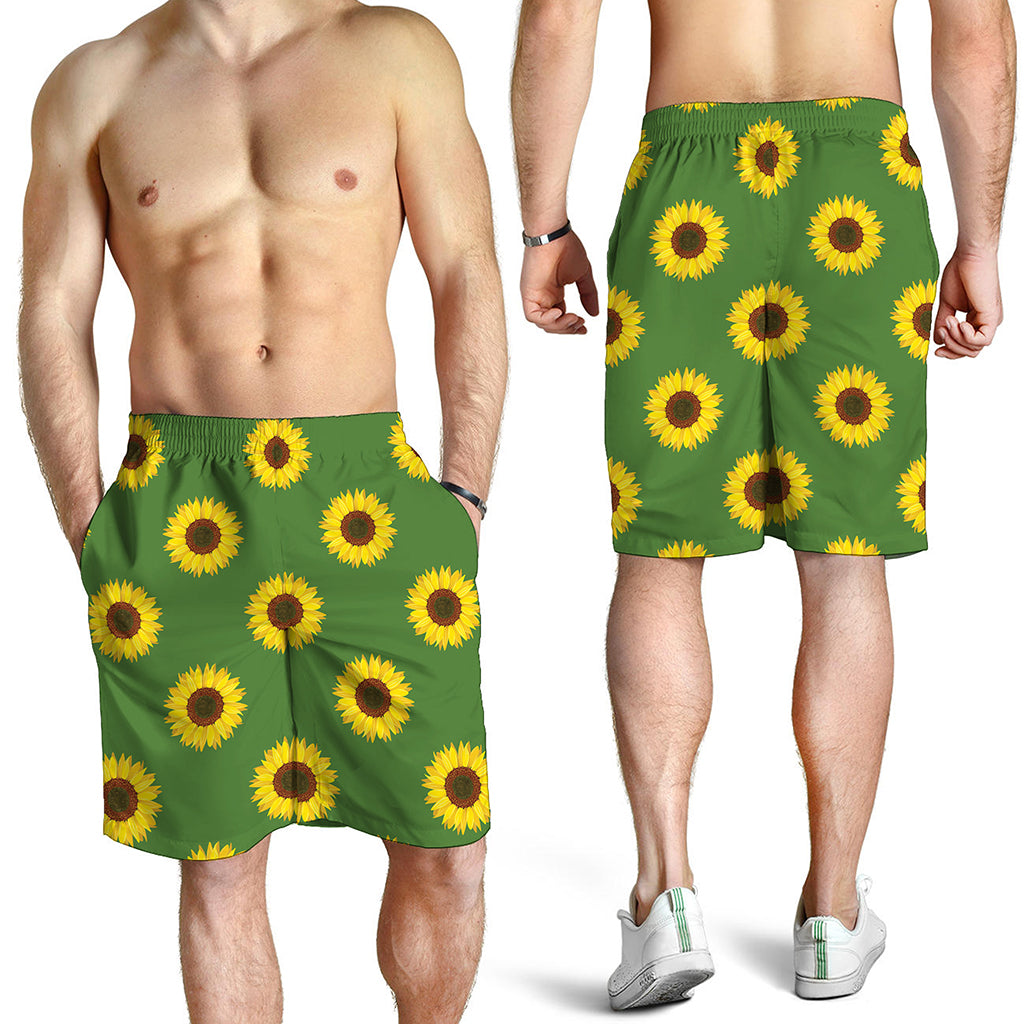 Green Sunflower Pattern Print Men's Shorts
