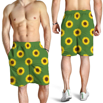 Green Sunflower Pattern Print Men's Shorts