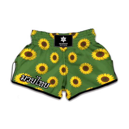 Green Sunflower Pattern Print Muay Thai Boxing Shorts