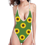 Green Sunflower Pattern Print One Piece High Cut Swimsuit