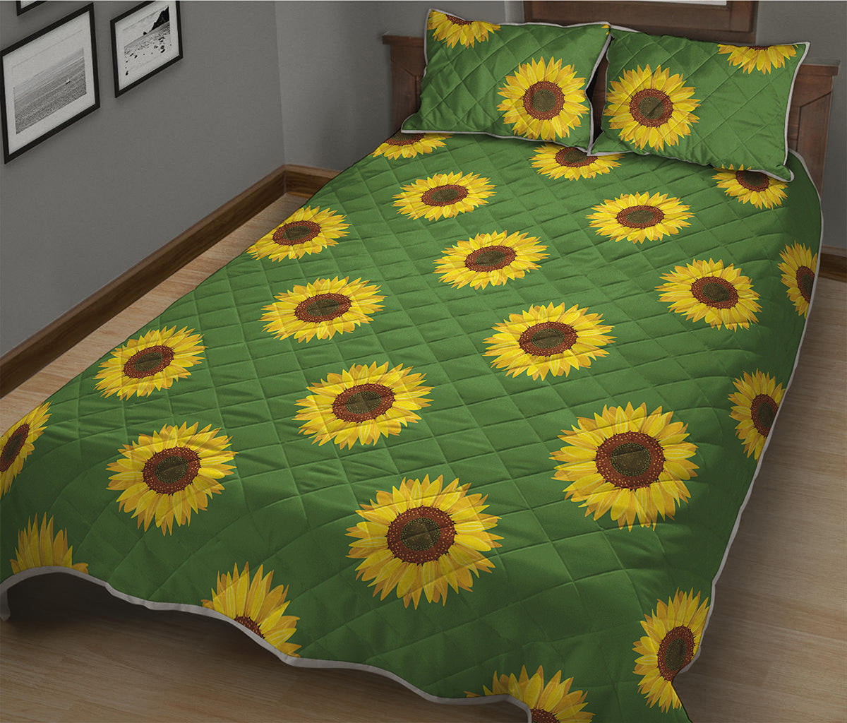 Green Sunflower Pattern Print Quilt Bed Set