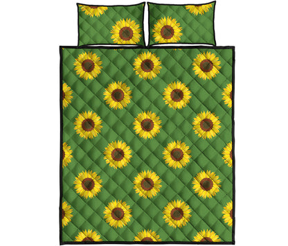 Green Sunflower Pattern Print Quilt Bed Set