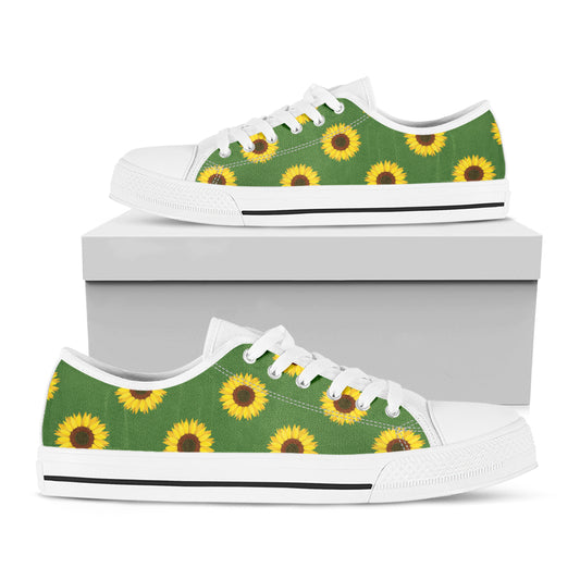 Green Sunflower Pattern Print White Low Top Shoes