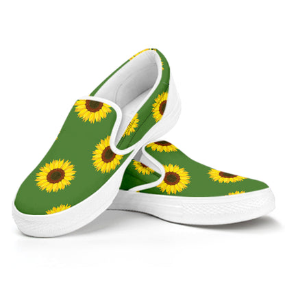 Green Sunflower Pattern Print White Slip On Shoes