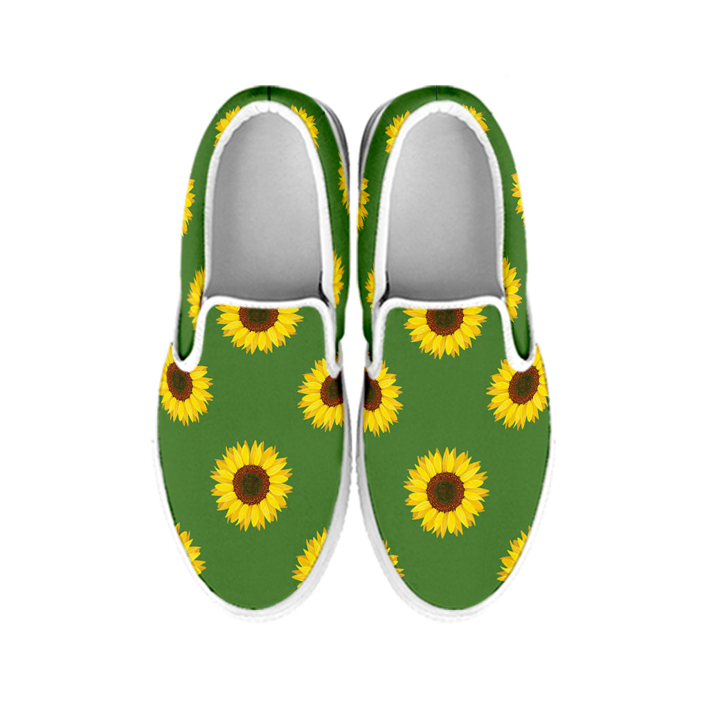 Green Sunflower Pattern Print White Slip On Shoes